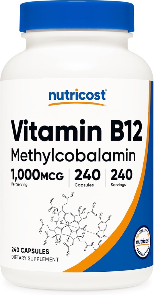Nutricost-vitamiini B12 (Metyylicobalamiini) 1000 mikrog, 240 kapselia - Kasvisruoka, ei-GMO & gluteeniton B12 täydennysosa