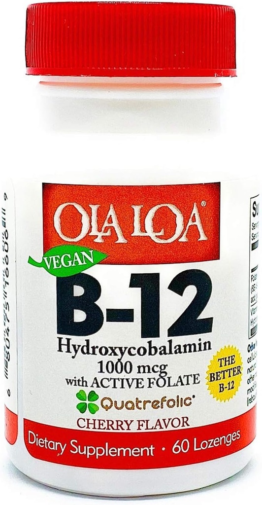 Ola Loa B12 sublingual Cherry Ravintolisä - HydroksiCobalamiini, Aktiivinen folaatti, Vegan Formula - edistää kehon energiaa, hermoja ja aivojen tukea - 60 tablettia