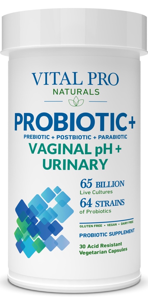 Vital Pro Naturals - Vaginal pH & Urinary Probiotics + Prebiotika, Postbiotika, Parabiotika, 4-i-1 Supplement för kvinnor, hög styrka, 64 Stammar, Digestive, Vaginal, Urinary, Immune Health, 30 ct