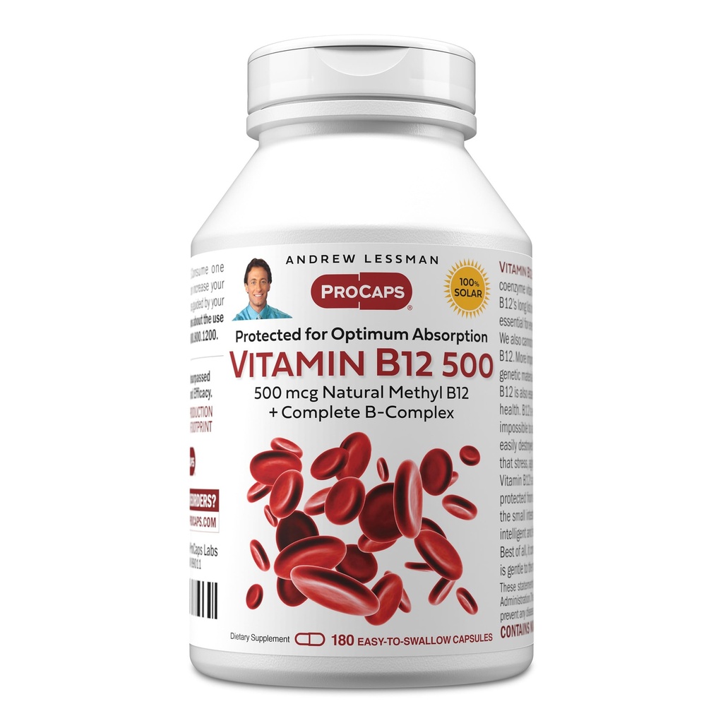 ANDREW LESSMAN B12 500 180 kapselia - absorptiosuojattu metyylikobalamiini (luonnollinen Coenzyme B12), välttämätön energia- ja stressituki, Plus B-komplex, helppo niellä kapselit