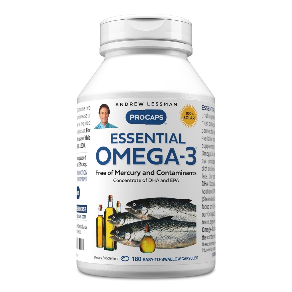 ANDREW LESSMAN Essential Omega-3 Unflavored - 180 Softgels - Ultra-Pure, High Potency Omega-3 Oljor. Hög DHA, ingen mage upprörd, inga föroreningar, ingen kvicksilver. Liten lätt att svälja Softgels