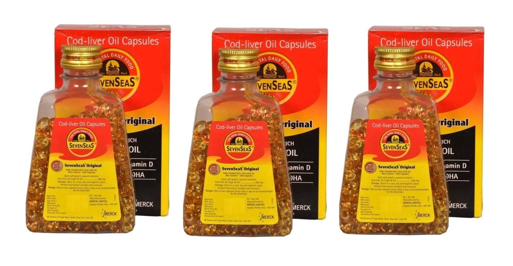 Seenseas Cod Liver Oil 500 mjukgel kapslar (Pack of 3) | 500 * 3 = 1500 kapslar | Pure Vitamin Rich | Best Immune Health, Healthy Bones & Muscles Kosttillskott