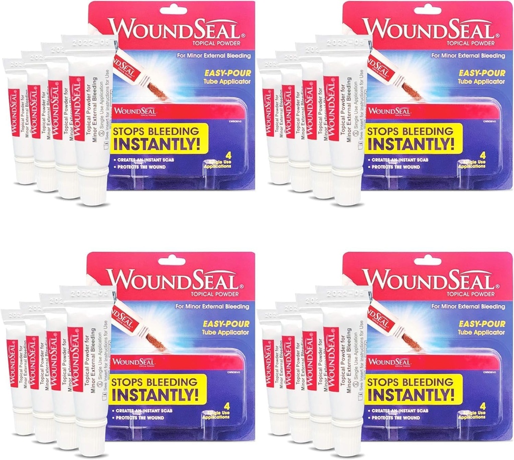 HaavaSeal Powder 4 Jokainen (Pack of 4) - Haavahoito Ensiapu viiltoja, scrapes ja hiertymät - lopettaa verenvuodon sekunneissa ilman ompeleita tai siteitä