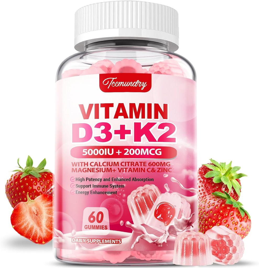 D3-vitamiinia K2 täydentää aikuisille - D3-vitamiini 5000 IU + K2 200 mikrog - VIT D3 K2 Gummies kalsium 600 mg magnesiumsinkkiä ja C-vitamiinia naisille - tukee B0ne, lihasimmuuneja