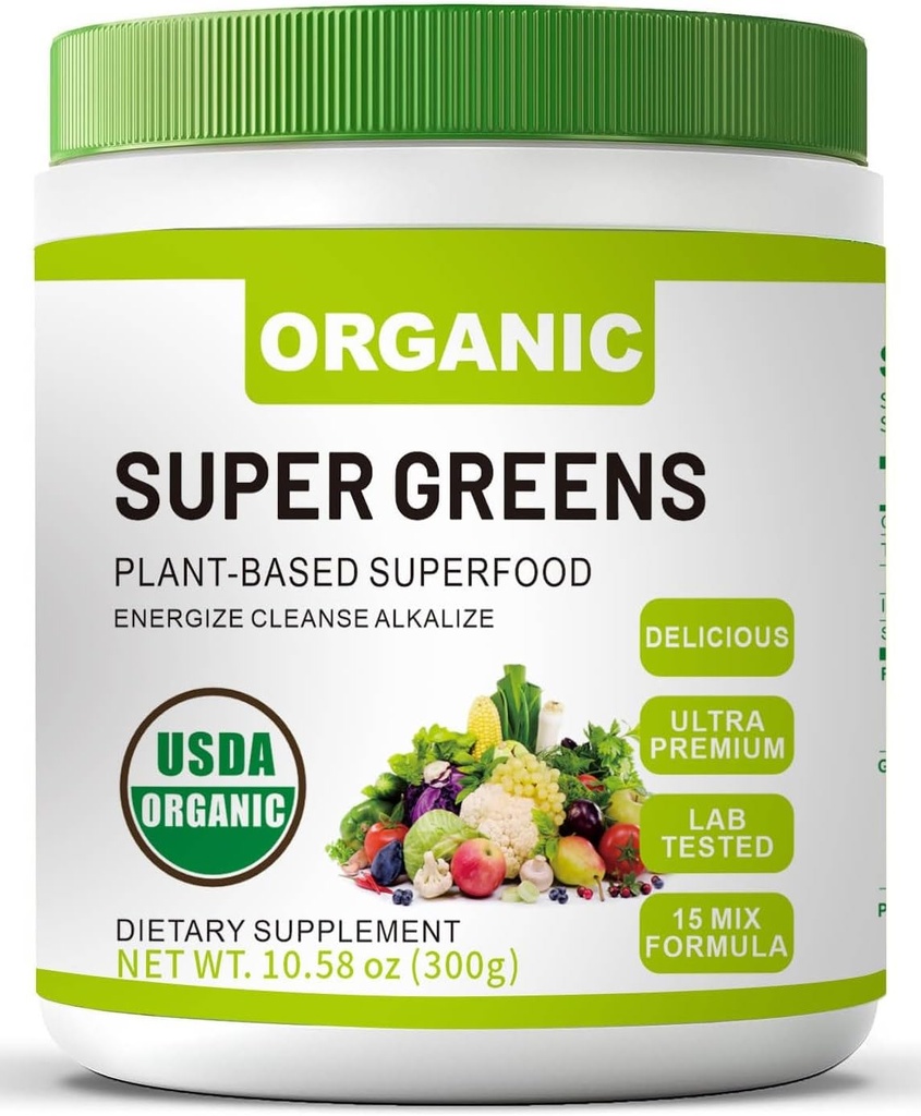 Organisk Super Green Superfood Powder med Spirulina & Chlorella för Gut Health, stöder immunitet, Digestive Health, naturlig energi, probiotisk, antioxidant, Digestive Enzymes, (300grs)