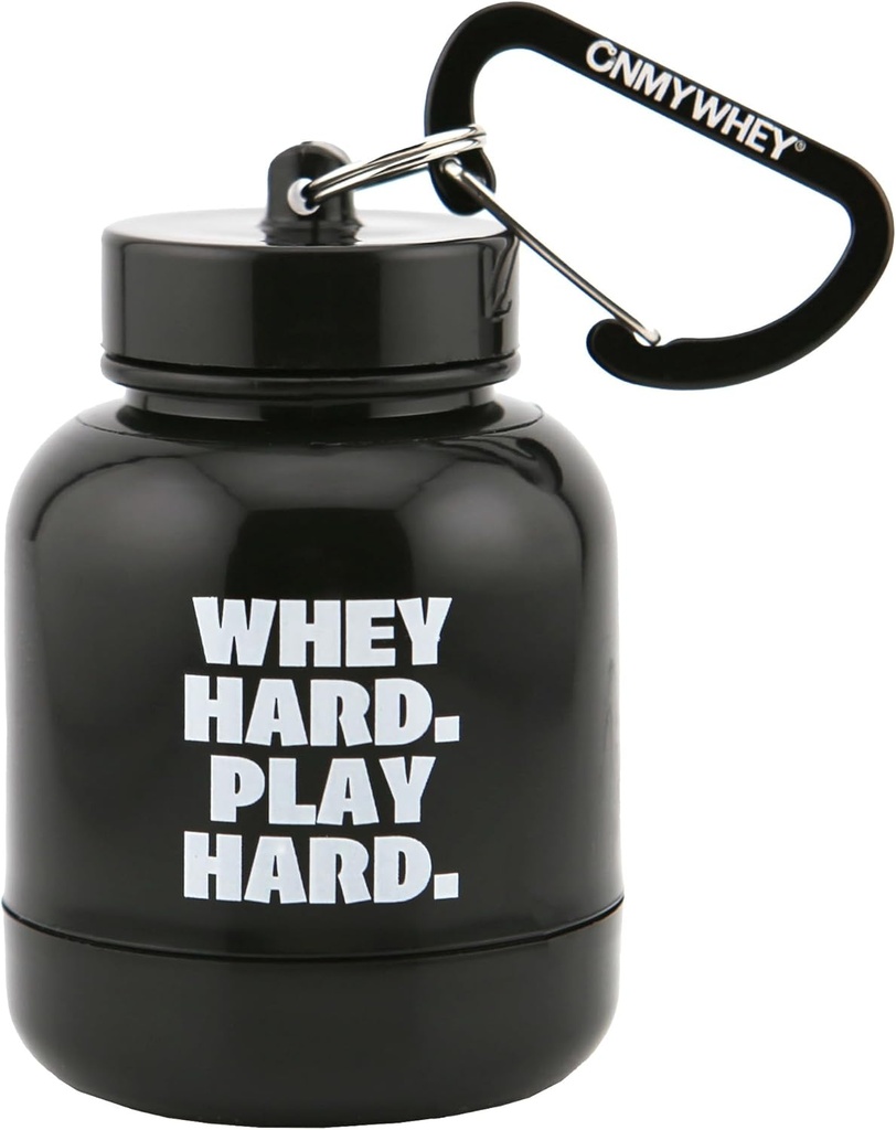 ONMYWHEY - Protein Powder & Supplement Funnel Keychain, Portable To-Go Container for the Gym, Treouts, Fitness, & Travel - TSA hyväksytty, Whey Hard Play Hard