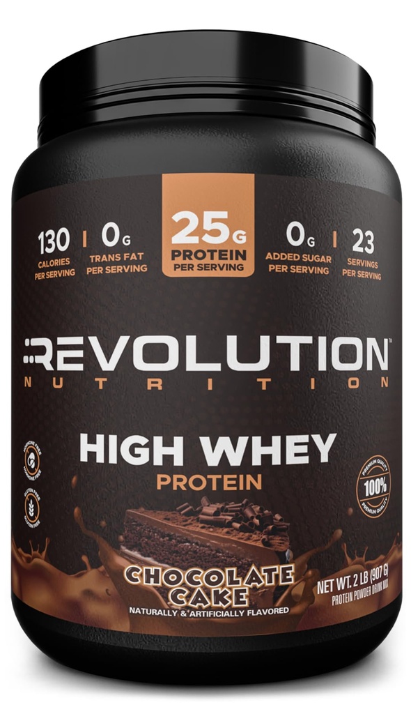 Revolution Nutrition, High Whey, Protein Powder 2LB, Whey Isolate, Gluteeniton, Lean Muscle Mass for Men & Women, 25g Protein Per Scoop, 908 g, 24 Tarjoilut (suklaakakku, 2 punta)