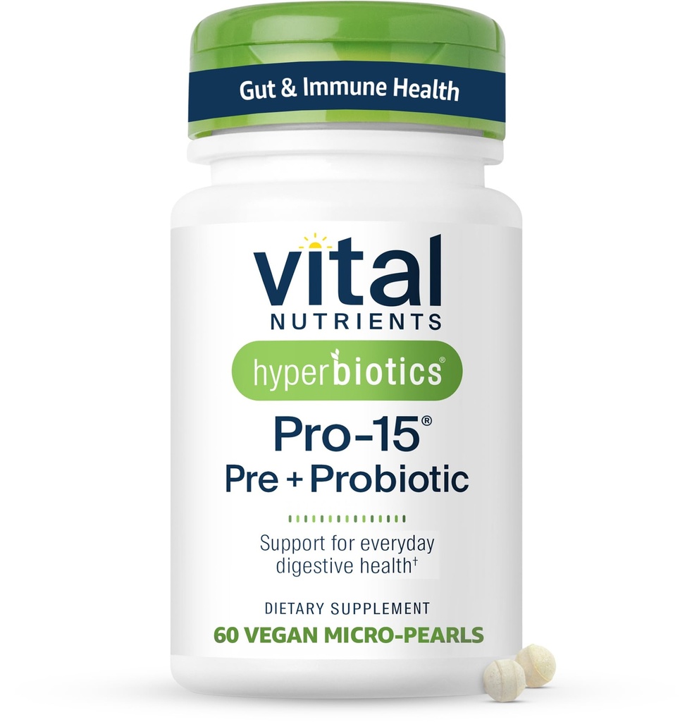 Hyperbiotika Vital Nutrients Pro-15 Prebiotika och Probiotika för kvinnor och män | 15 Science Backed Strains | Stöder Occasional Constipation, Diarrhea, Gas & Bloating | 60 Vegan Time Release Pearls