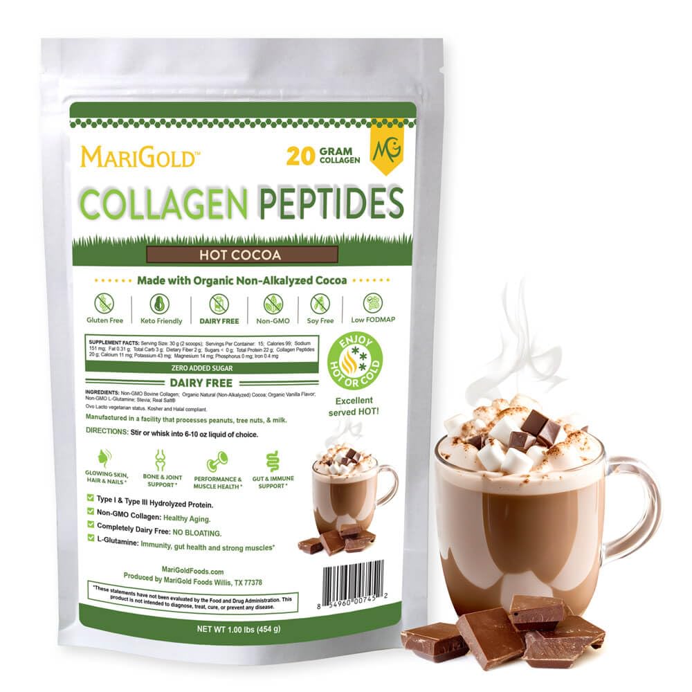 MariGold Grass-syöte Collagen Peptides Powder Hot Cocoa 1LB - 100% Pure, tyyppi I & III Naudan hydrolysoitu kollageeni, ei-GMO, Hormoni vapaa, soijaton, gluteeniton, Dairy Free, Keto-Friendly