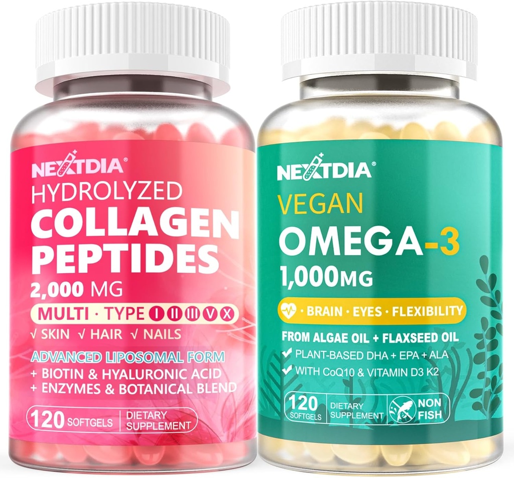 Hydrolysoitu kollageeni Peptides pillerit + Vegan Omega 3 täydentää D3-vitamiini K2