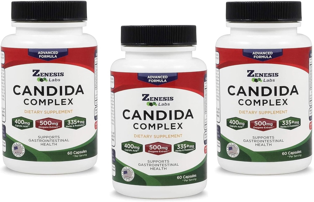 Zenesis Labs Candida Complex Cleanse Detox Caprylic Acid Supplement, Oregano Extract, Probiootit, Entsyymit - Bulk 180 kapselia, 90 päivän toimitus (60 kapselia/pullo)