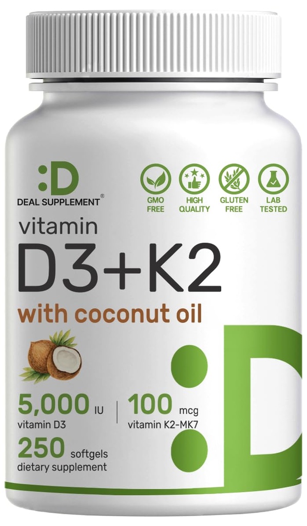 DEAL lisäravinteet D3 5 000 IU + K2 MK7 100 mikrogrammaa Softgels ... 2-in-1 kompleksi, jossa on neitsytkookosöljy...