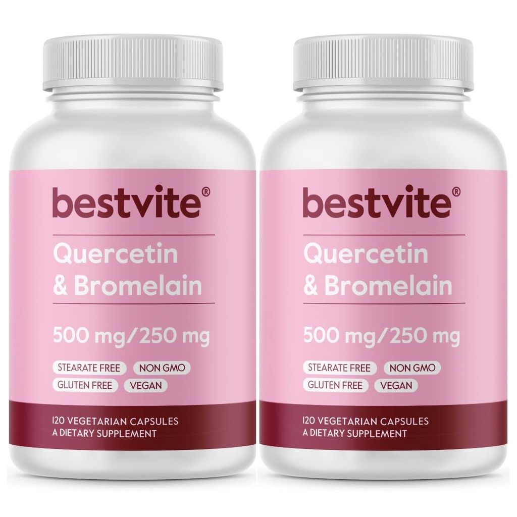 BESTVITE Quercetin med Bromelain 500mg/250mg (240 vegetariska kapslar) (120 x 2) - Inga Stearater - Ingen Silicon Dioxid - Vegan - Non GMO - Gluten Free