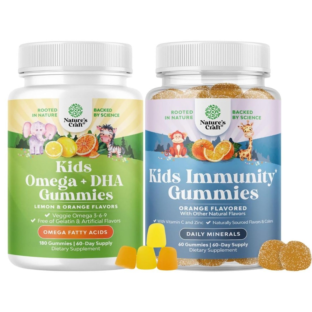 Bundle of Omega DHA Gummies for Kids - rasvahapot Omega 3 6 9 kanssa C-vitamiini aivojen, immuniteetin ja Vision ja lasten immuniteetin tuki Gummies - herkullinen C-vitamiinin sinkki & Echinacea Immune Booster