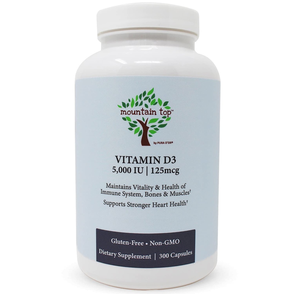 MOUNTAIN TOP D3-vitamiini 5000 IU 125 mikrog kapselit (300 mikrog) auttaa tukemaan immuuniterveyttä, vahva luut ja hampaat, & lihasten toiminta - ei-GMO, gluteeniton