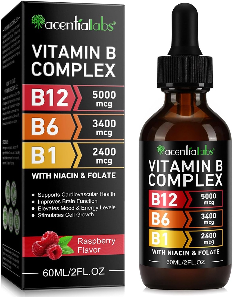 Vitamin B12 Liquid Drops - Organic Vitamin B12 Sublingual Drops - Organic Vitamin B-Complex B5 Pantothenic Acid - Vegan B12 Sublingual 5000 mcg med Vitamin B6, Liquid B12 Methylcobalamin stöder
