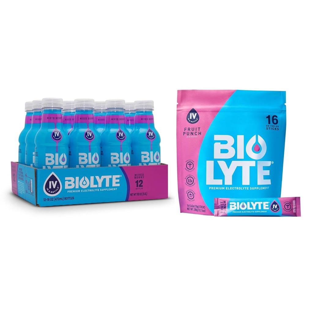 BIOLYTE Electrolyte Drink & IV Hydraation Drink Mix - Doctor-FSA & HSA Electrolytes Liquid, Rehydration Powder Packetit, Chemoterapiaa on oltava naisille ja miehille - Berry, 12 pulloa, 16 tikkua