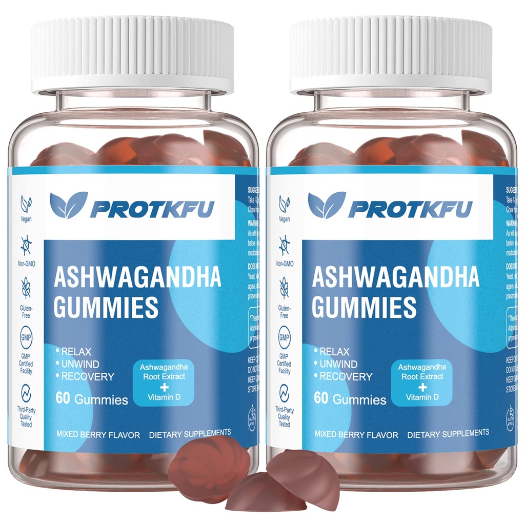 2 Pack Ashwagandha Gummies & Vitamin D3 Gummies Organic Aswangdha Supplement för förbättrad sömn, stressavlastning och humör lugn (Non-GMO, Gluten-Free & Sugar Free)