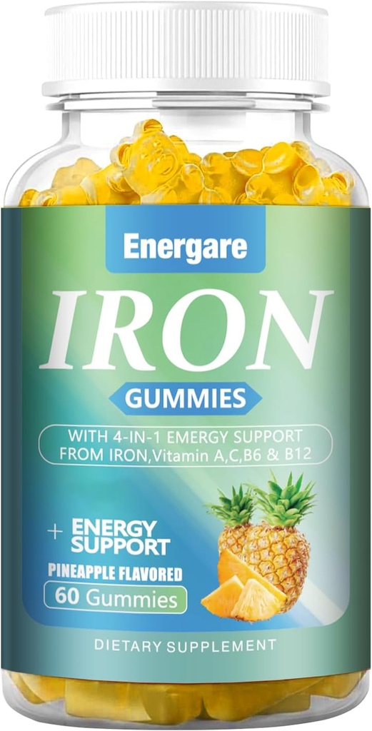 1 Pack 100Mg Iron Supplement Gummies för kvinnor och män - Vitamin A, C, B - Energistöd för järnbrist, Anemi, Vuxna och Barn, Pineapple Flavor Gummy, 60 grejer