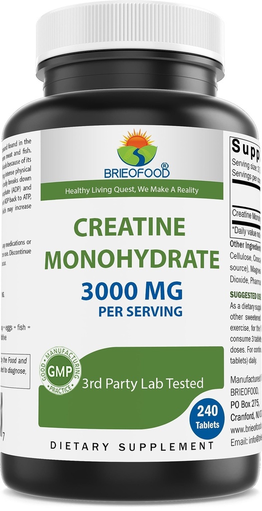 Brieofood Creatine Pills 3000 mg per servering - 240 tabletter - 3rd Party Lab Testad för renhet och kvalitet - hjälper till att förbättra atletisk prestanda