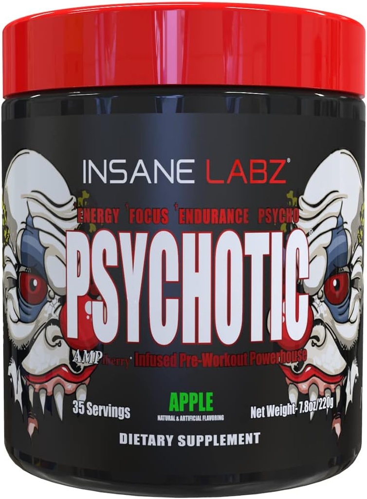 Insane Labz psykoottinen, High Stimulant Pre Treenout Powder, Extreme Kestävä energia, Focus ja Endurance Beta Alanine, Creatiini Monohydraatti DMAE, 35 Srvgs (Apple)