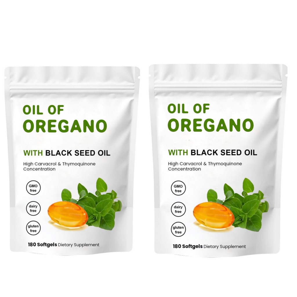 2 Oil of Oregano Softgels, 2 in 1 Oil of Oregano with Black Seed Oil 200mg, Gluteeniton