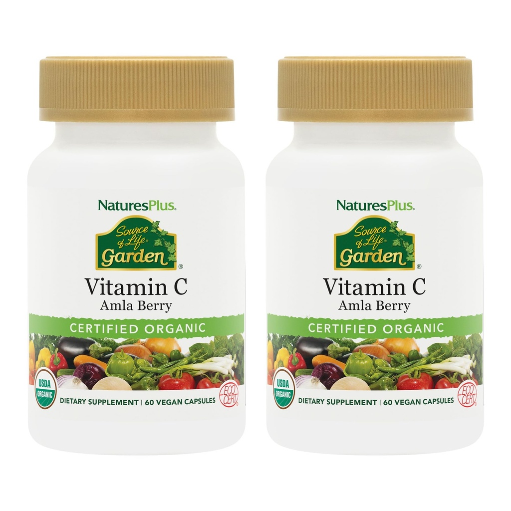 NaturesPlus lähde Life Garden C-vitamiini - 60 Vegaani kapselia, pakkaus 2 - Immunomy System Support - Certified Organic, Ei-GMO, Gluteenittomat - 60 Yhteensä