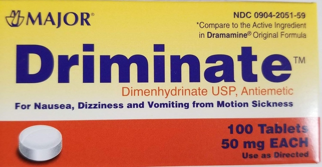 Major Driminate® Dimenhydrinate 50mg 100 Ct för illamående, yrsel och kräkningar från rörelsesjuka