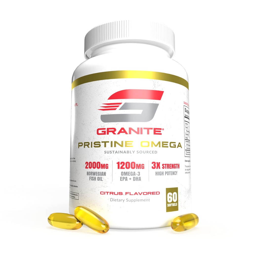 Granite Pristine Omega-3 Supplement, 2000mg Norjan kalaöljy täydentää EPA & DHA, Tukee Joint, sydän, aivot, & Mood, kestävästi lähde, puhtaus Testattu (60 Softgels)