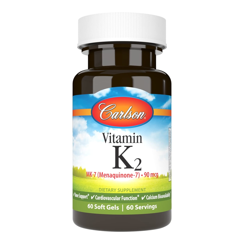 Carlson - K2-vitamiini MK-7 (Menakinoni), 90 mikrog, luutuki, kalsiumin biologinen hyötyosuus, K2-vitamiini, K-2-vitamiini, 60 Softgelia