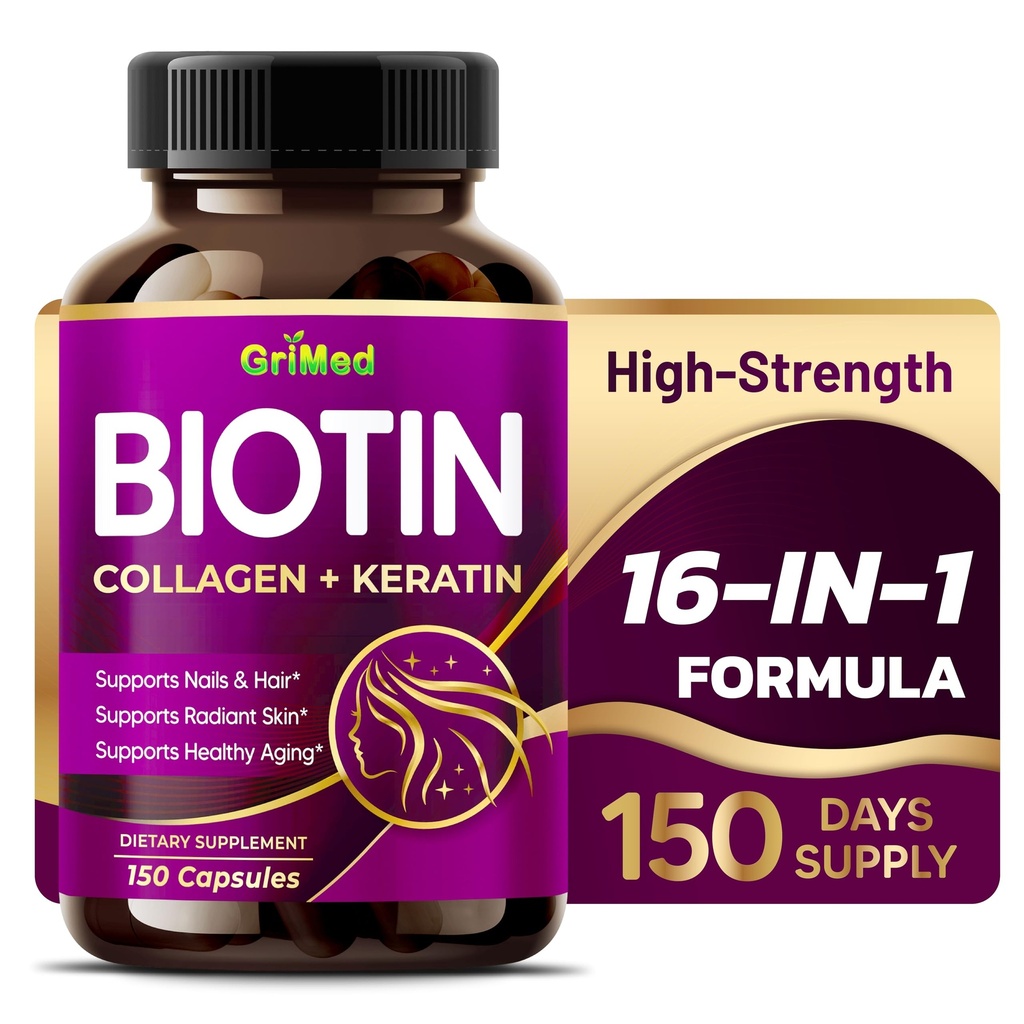 GriMed BIOTIN Collagen + Keratin 7,275mg Vahvat kynnet & hiukset, Radiantti iho, Terve ikääntyminen- USA Made & Tested (150 Count (Pakkaus 1))