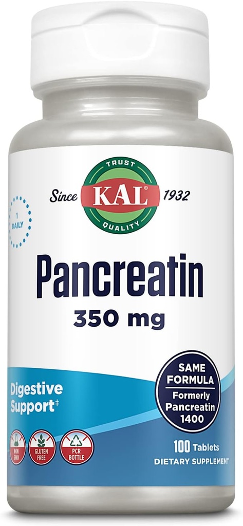 KAL Haiman 350 mg, Ruoansulatuselimistön entsyymit naisille ja miehille, haimaentsyymit digestiivisen terveydenhuollon tuki, gluteeniton, ei-GMO, nopea hajoaminen, 60 päivän takuu, 100 tarjoilua, 100 tablettia