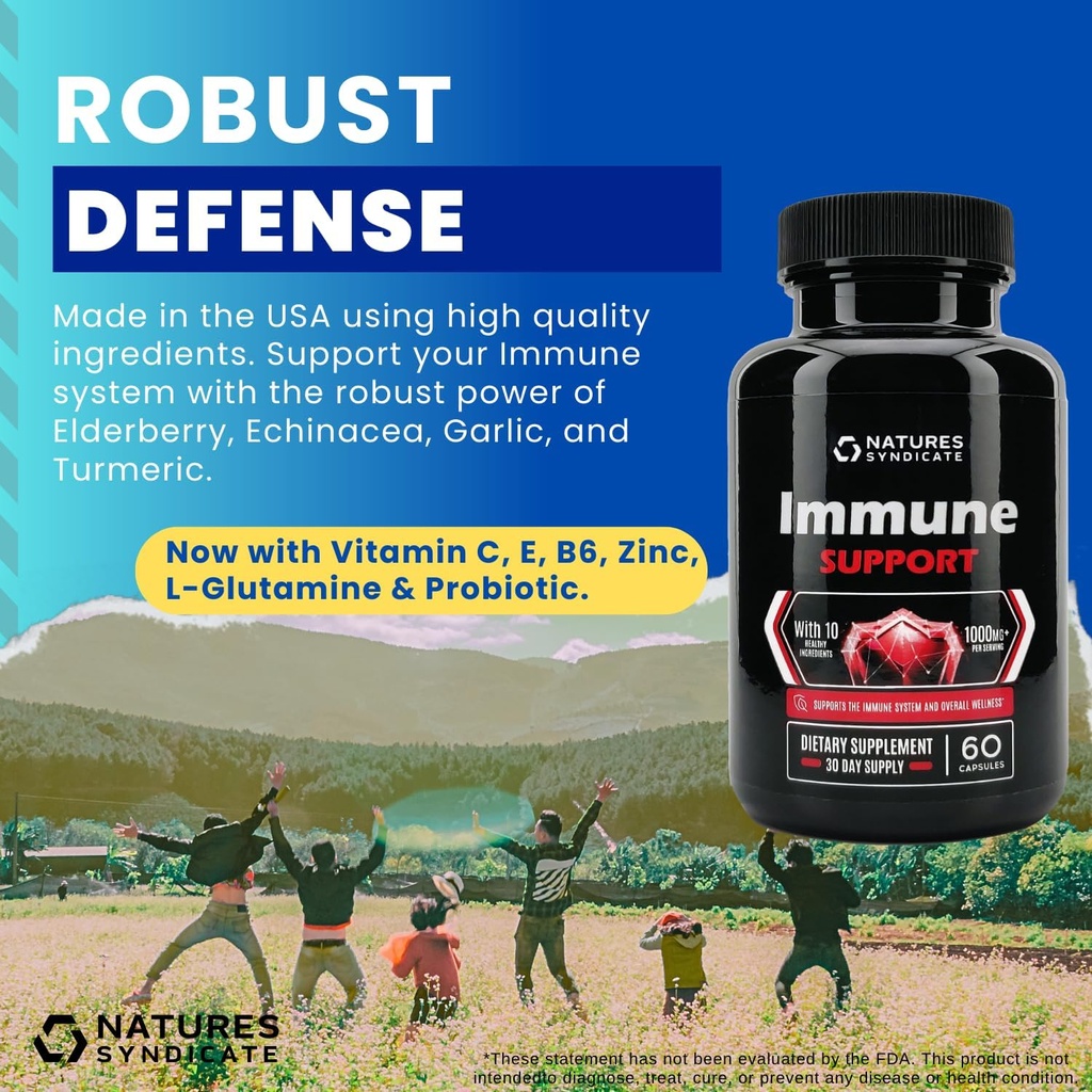 Immun Support Supplement - 10-i-1 med Echinacea, Elderberry, vitlök, gurkmeja med Zink, vitamin C, E, B6 & L-Glutamin, 4,8 miljarder CFU Probiotic för vuxna