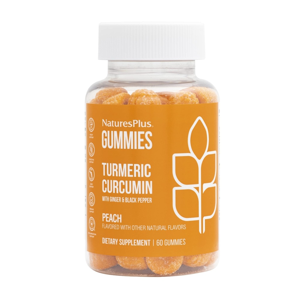 NaturesPlus Gummies Turmeric Curcumin - 60 Gummies, Peach - Stöder Joint, Digestive & Cardiovascular Health - Vegan, Gluten Free, Non-GMO - 30 portioner