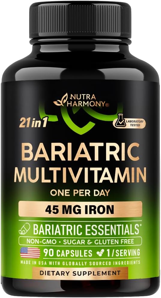 NUTRAHARMONY Bariatric Multivitamiini - 45 mg rautalisät - valmistettu Yhdysvalloissa - naisille ja miehille - All-in-one, 21 Essential Vitamiineja - Mahalaukku tuki - kevyt trooppinen maku - 90 kapselia