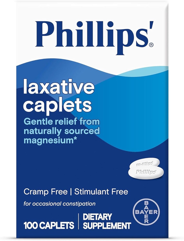 Phillips Laxative Caplets, med naturligt källad Magnesium Supplement för Gentle Relief of Occasional Constipation, Cramp och Stimulant Free Laxatives, 100 Caplets