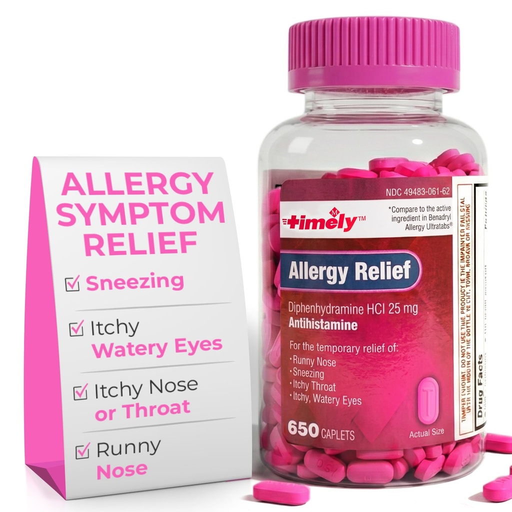 Timely Allergy Relief Diphenhydramine HCl 25 mg - 650 Caplets - Jämfört med Benadryl Allergy Ultratab - Antihistamin - Allergimedicin - Runny Nose Relief för vuxna - Watery Eyes Behandling