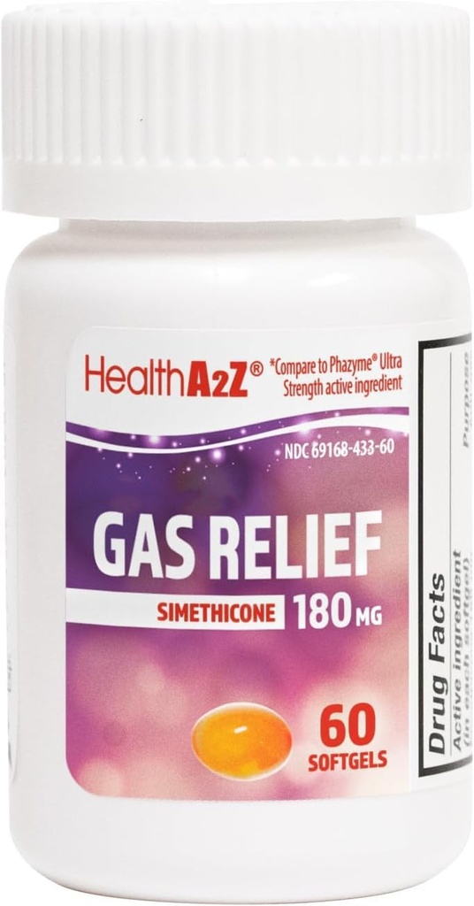 HealthA2Z® Gas Relief Simethicone 180mg | Relieves from Stomach Discomfort and Gas | Anti Flatulence | Relieves Gas Fast (60 Count (Pack av 1))