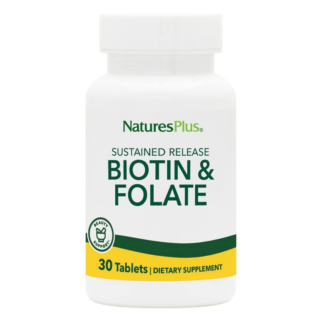 Natures Plus Biotin & Folic Acid (Metyylifolaatti), Pitkäaikainen julkaisu - 30 kasvissyöjätablettia - B7-vitamiini ja B9-vitamiini, tukee hiusten kasvua, energiatehostaja, prenataalinen vitamiini - Gluteeniton - 30 tarjoilua
