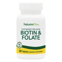 Natures Plus Biotin & Folic Acid (Metyylifolaatti), Pitkäaikainen julkaisu - 30 kasvissyöjätablettia - B7-vitamiini ja B9-vitamiini, tukee hiusten kasvua, energiatehostaja, prenataalinen vitamiini - Gluteeniton - 30 tarjoilua