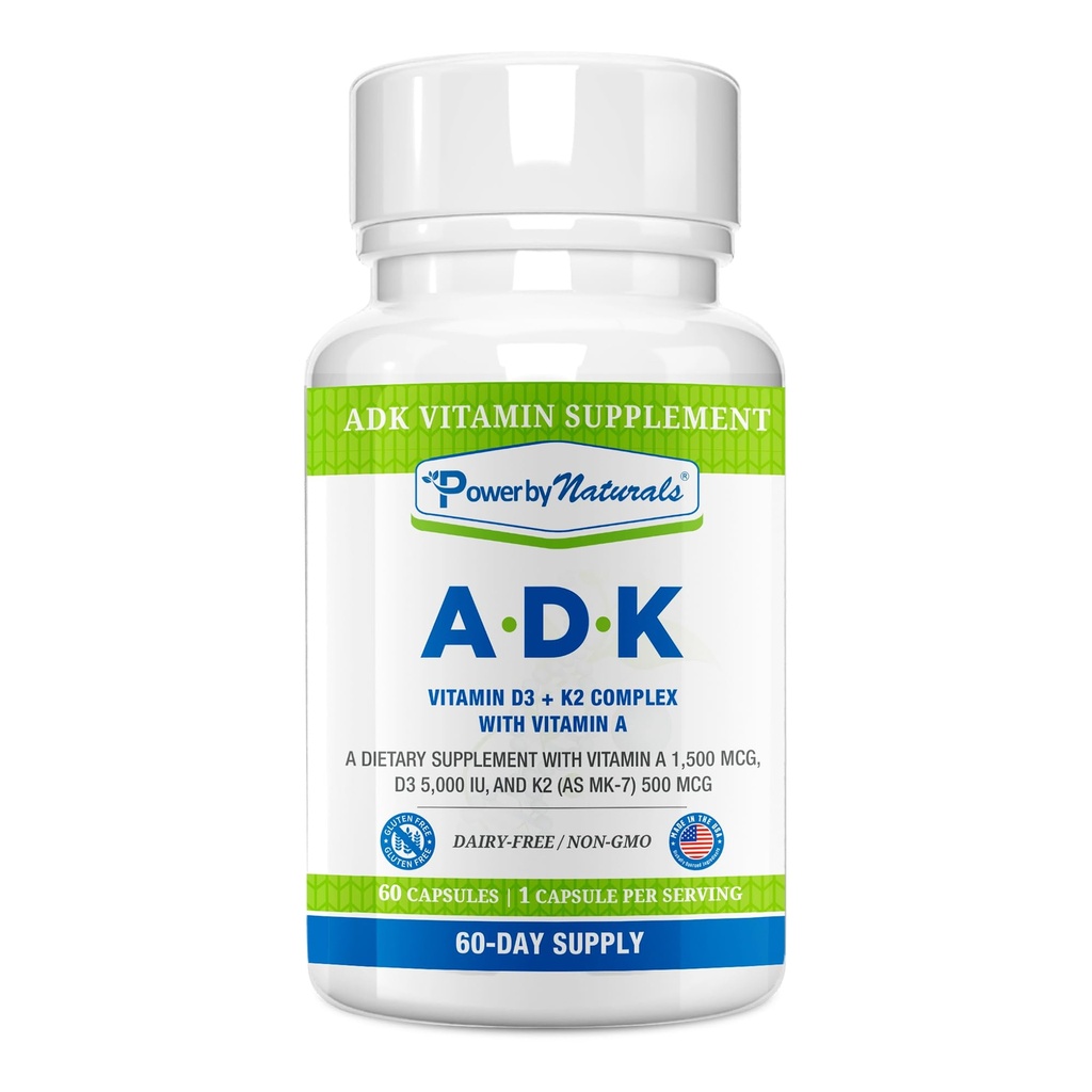 Power By Naturals ADK Vitamin Supplement - High Potency Blend of VIT A D3 K2 Vitamin 5000 iu - Support Bone, Heart & Immune Health - 60 kapslar (2 månads leverans)