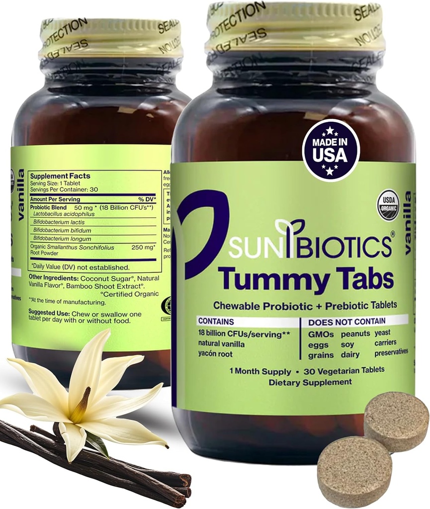 SUNBIOTICS Maha- välilehdet - pureskeltava Probiootti ja prebioottiset tabletit 18 miljardia PMY 4 Probioottikannat Good Gut Flora, Immuunijärjestelmä, & Balanced Microbiome - Vanilla, (Pakkaus 1)