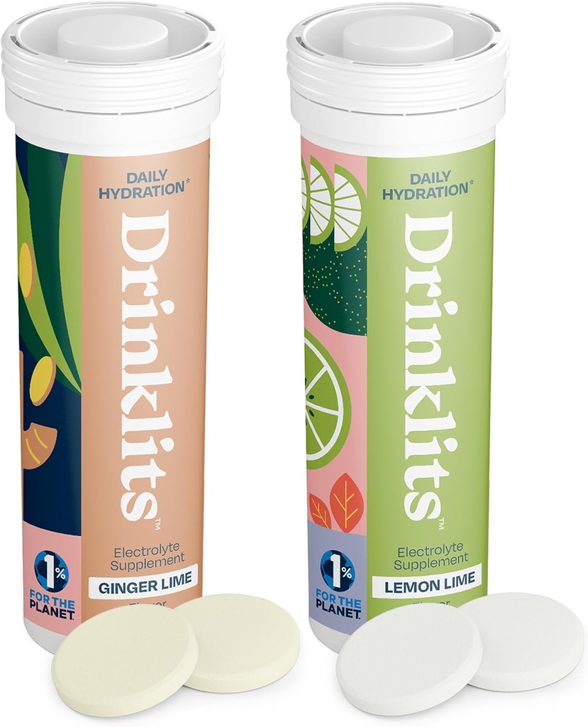 Drinklits Hydration Tabletit - Elektrolyytit ja vitamiinit Inkivääri-Lime ja sitruuna-Lime - 2 pakkaus (20 tarjoilua)