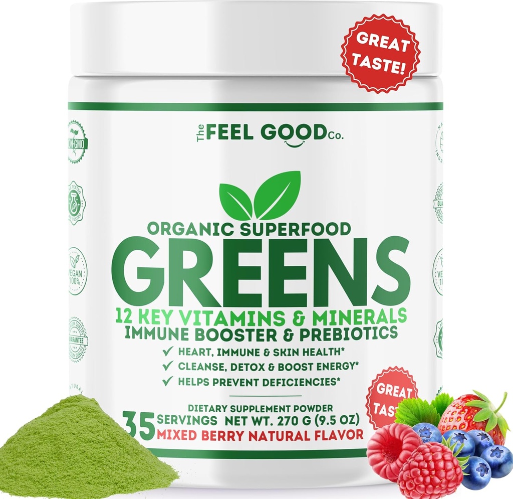 The Feel Good Super Greens Powder - Organic Green Juice, Wheat Grass No added Sugar, Spirulina, Klorella, Probiootit, Dgestive Enzyme, Antioksidantti Rich, Immuniteetti Boost Green Superfood, 35 SVG, Päivittäinen