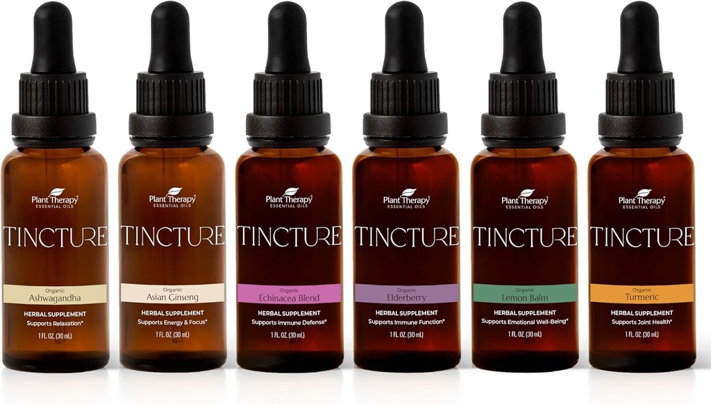 Kasviterapia Organic Tinctures Beginner Set 30 ml Jokainen Luomu Ashwagandha, Aasian Ginseng, Echinacea Blend, Elderberry, Lemon Balm & Turmeric