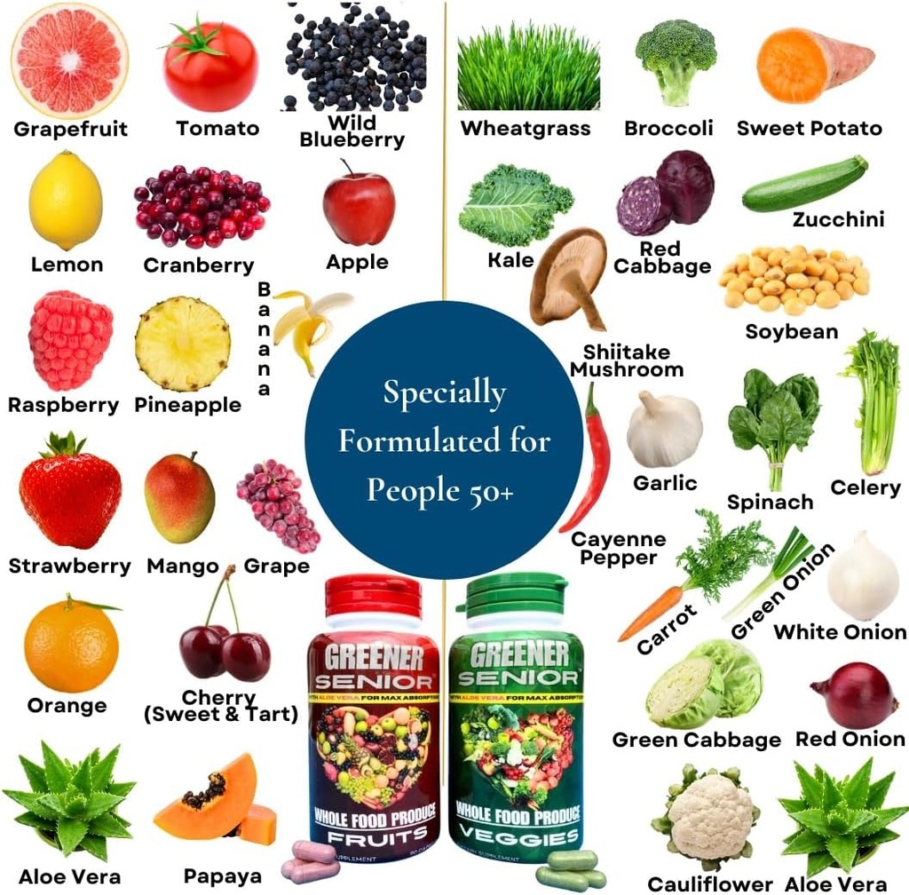 Fruit & Veggie Whole Food Supplement - Formulerad för seniorer för Max Absorption - 90 Fruit Capsules och 90 Veggie Capsules - 1 Set