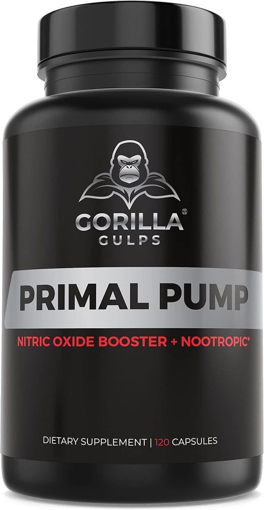 Gorilla Gulps - Primal Pump Nitric Oxide Supplement Nootropic 1500mg Nitrosigine L Arginine & Beet Root för muskeltillväxt, pumpar, blodflöde, energi och fokus - Max Strength Pre Workout N.O. Booster