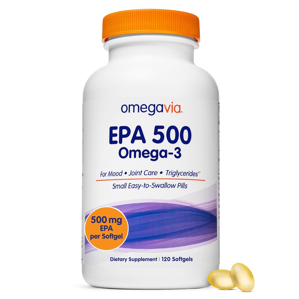 OmegaVia EPA 500, Puhdistettu Omega-3 Fish Oil Supplement, 500 mg EPA Triglyseridimuodossa, Burpless Fish Oil, Ei-GMO, Gluteeniton, IFOS 5-Star, 120 Softgels