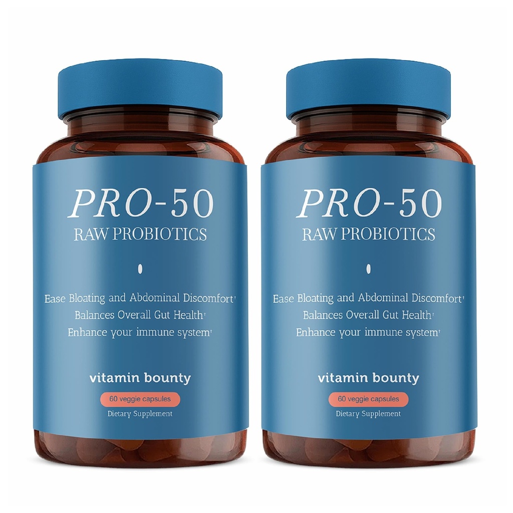 Vitamiini Bounty Pro-50 Probiootti 50 miljardia PMY - 13 kantalisä miehille ja naisille + prebiootit - Ruoansulatuselimistön ja suoliston tuki - Lactobacillus & Bifidobacterium - Viivästynyt vapautuskapselit, 2 pakkaus