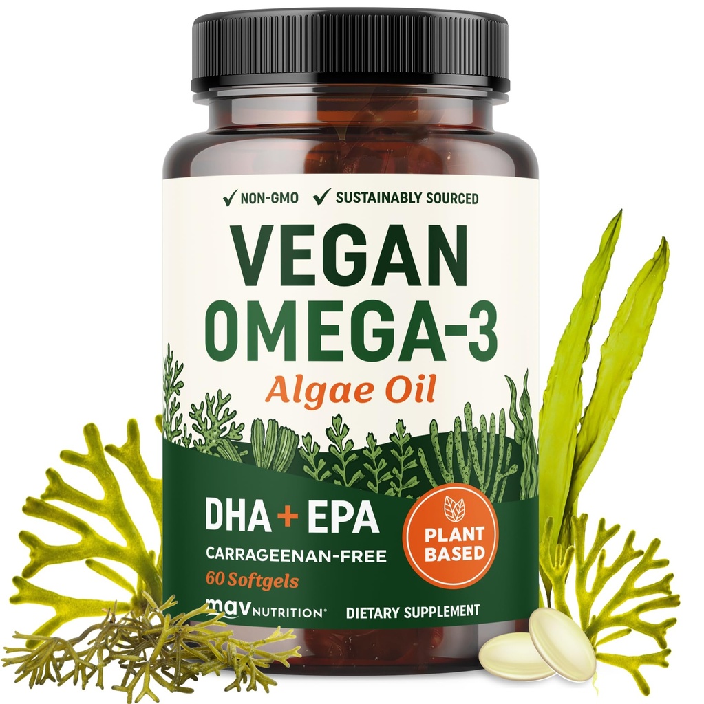 Vegan Omega 3 Algae Oil | Plant Based DHA EPA | Sustainably Sourced, No Carrageenan, Non GMO | Hjärta, hjärna och ögonhälsa | fiskolja alternativ | Alger Omega 3 Supplement | 60 Softgel kapslar